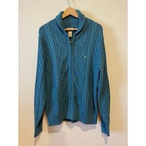 L.L. Bean Women Cardigan Sweater Size M Teal Blue Cable Knit Full Zip NWOT